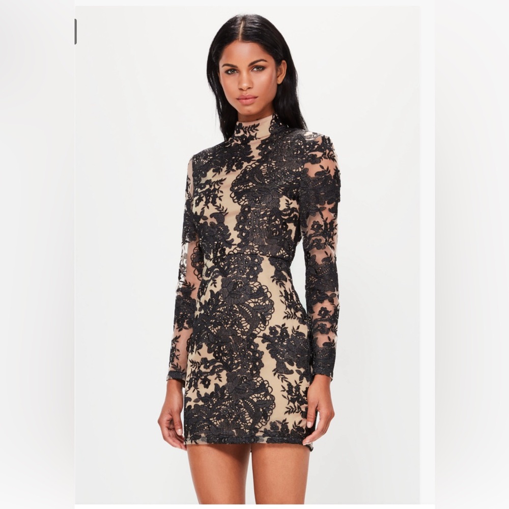 Peace + Love Missguided high neck black lace shift dress size 6